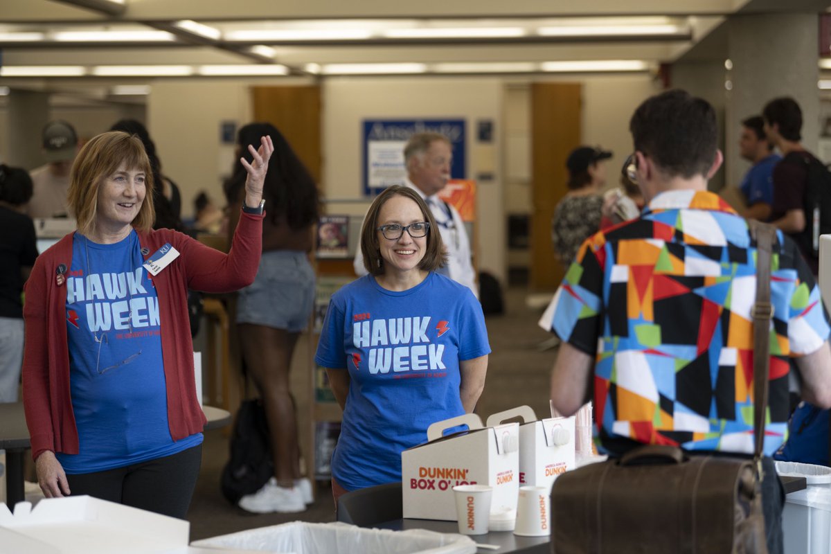 kulibraries's tweet image. Coffee, Carol, Crullers … Dean Carol Smith and members of KU Libraries leadership mingled with students and staff in the Anschutz Library lobby Tuesday morning. #HawkWeek