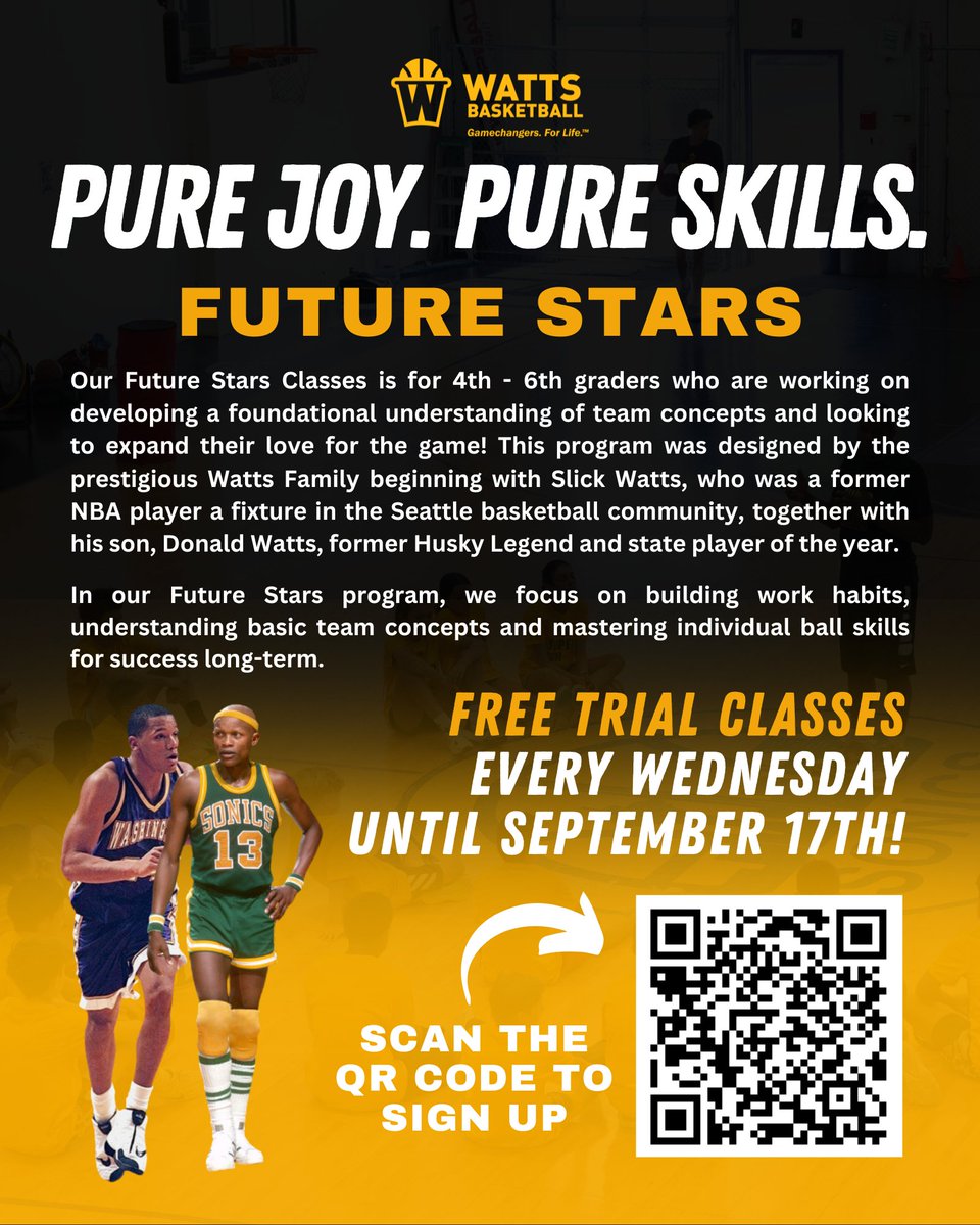donaldwatts24's tweet image. Give your 4th-6th graders the opportunity to learn from the best coaches in the business and experience the pure joy of basketball with our Future Stars free trial classes!

Scan or click here to register! wattsbasketball.co/Future4th-6th

#BasketballTraining #YouthAthletes