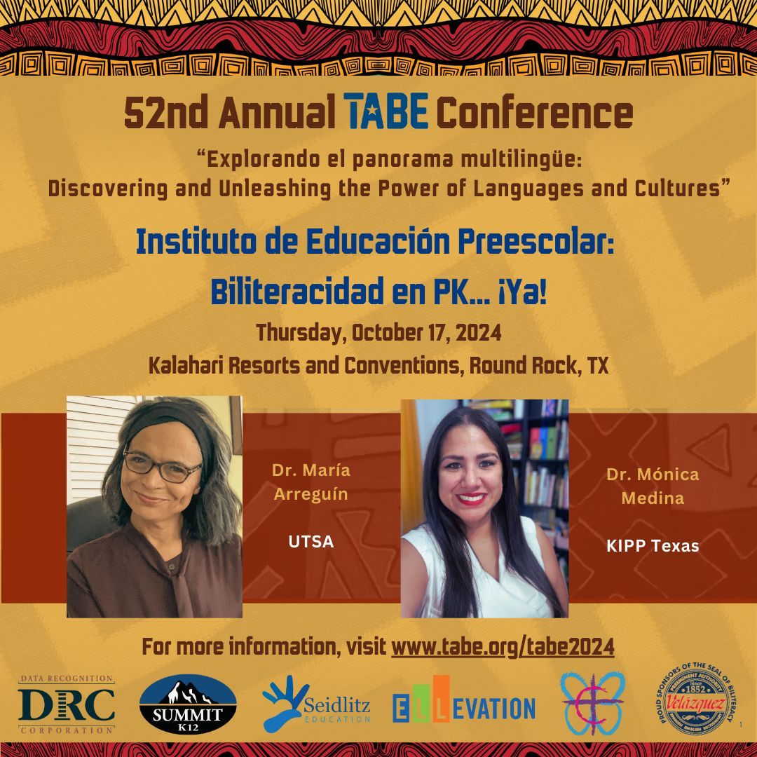 🎓 En la conference de #TABE2024 ofreceremos una variedad de institutos, como el "Instituto de Educación Preescolar: Biliteracidad en PK… ¡Ya!" presentado por la Dra. María Arreguín y la Dra. Mónica Medina. ¡No te lo pierdas! Visita: tabe.org/tabe2024