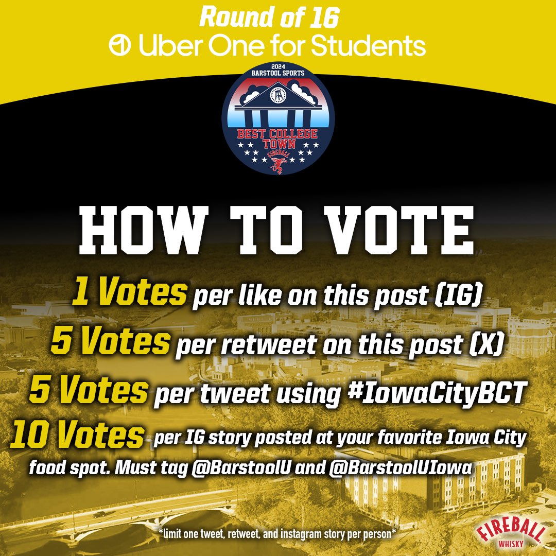 BarstoolUIowa's tweet image. 🚨Round of 16 Voting is LIVE🚨

Retweet this post to vote!

All schools with over 5000 Votes get 3 FREE Months of Uber One and we will select 10 students who will receive Uber One for the whole year!
Voting Ends 8/29 @ 11:59pmEST
Round of 16 Winner’s will be announced 1pmEST 8/30