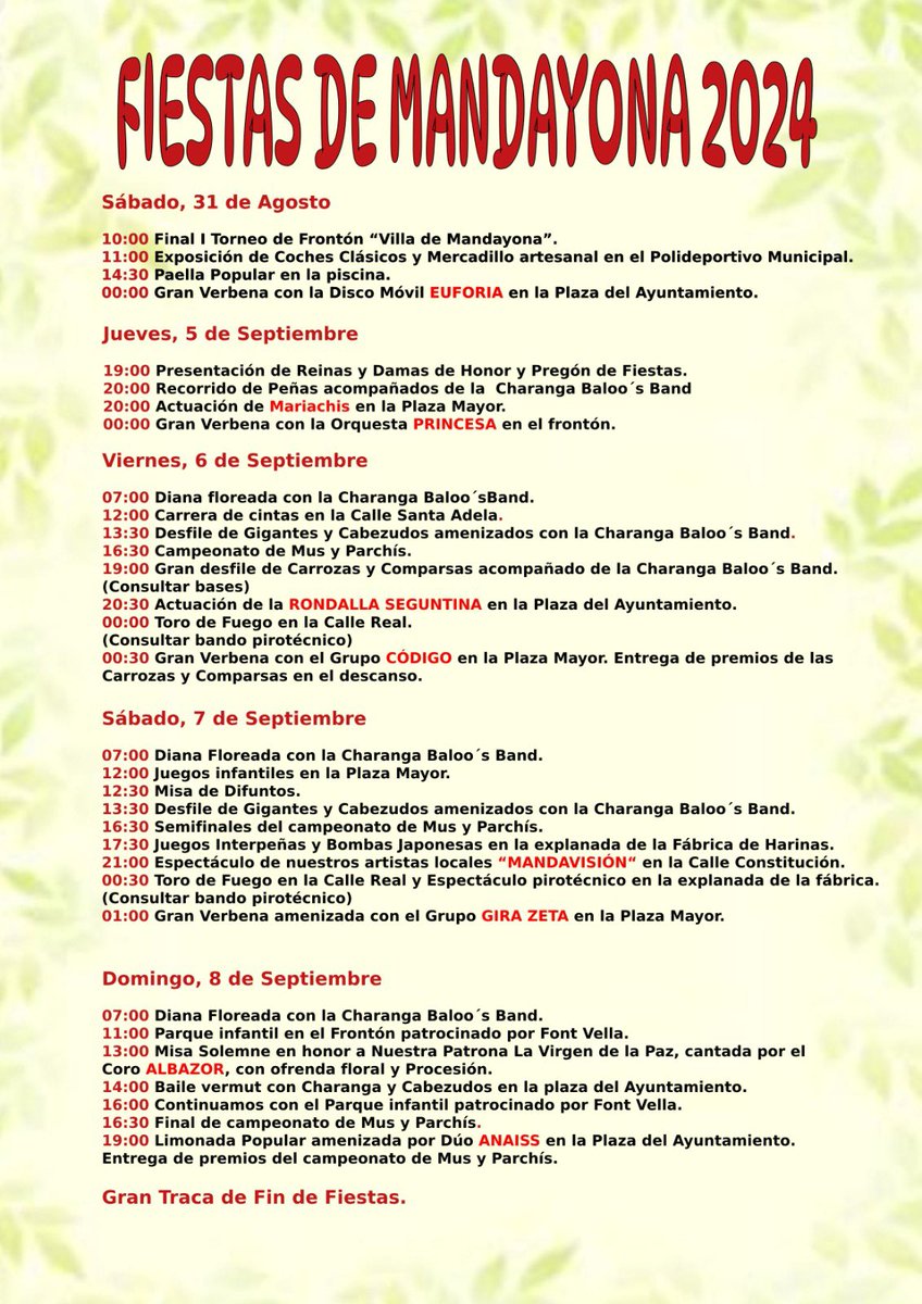 🎉 🎊Os dejamos el programa de fiestas de #mandayona, en honor a nuestra patrona la Virgen de La Paz.
🎊 🎉Dia 31 de agosto y del 5 al 8 de septiembre.
🎉🎊 ¡Os esperamos!