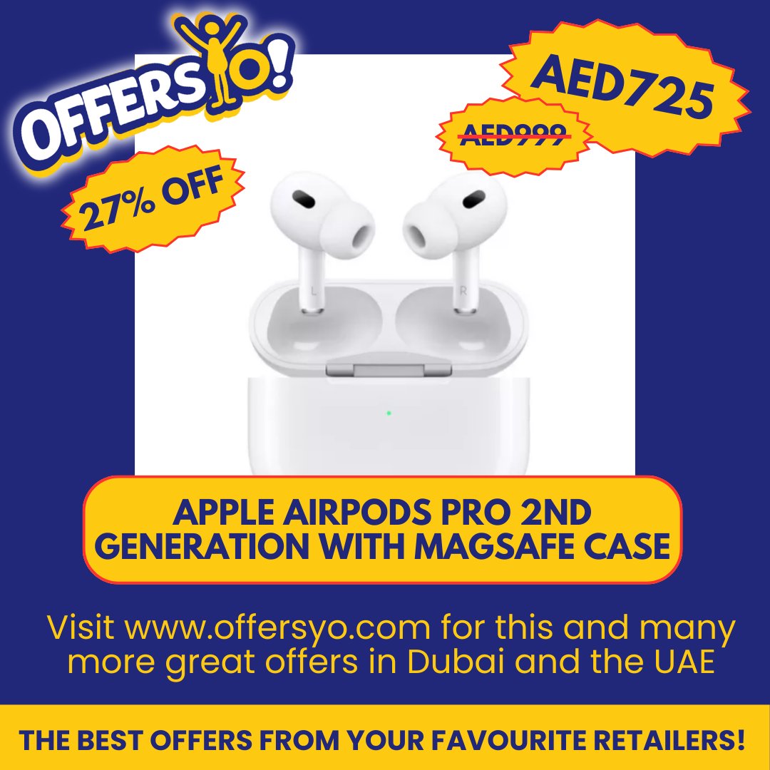 offersyo1's tweet photo. Today's top offer! Incredible discount on the Apple Airpods Pro 2nd Generation with Magsafe Case! Head over to https://t.co/lLIrAXrgt7 to find more great offers from your favorite stores! #uae #dubai #offersyo #OffersUAE #sale #appleairpods #airpods #applestuff #applsale https://t.co/ojZccAlnV0
