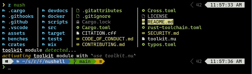 fdncred's tweet photo. @lowvram One shortcut / time savings device I use with nushell is to use the env_change hook with the PWD env variable. So, every time I change directories, no matter how I get there, cd, z, etc., Nushell does a grid listing with LS_COLORS and icons. https://t.co/IrlMvMhHlp