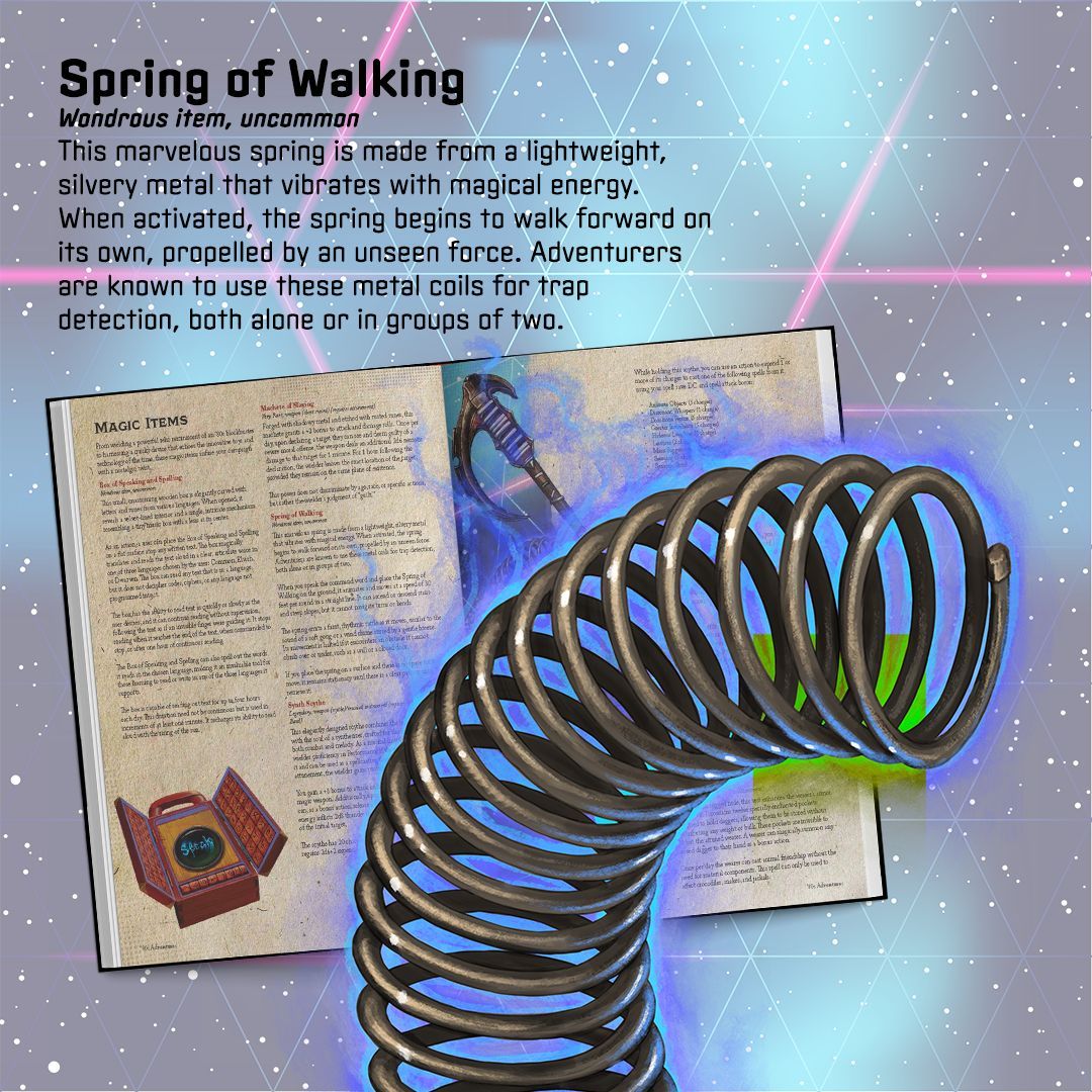 One step at a time... or maybe more! The Spring of Walking is a new magic item that helps adventurers stay on the lookout. Perfect for trap detection or just adding a bit of fun to your campaign. 🌀✨ #DnD #MagicItems #80sAdventures buff.ly/3Au4Dxg