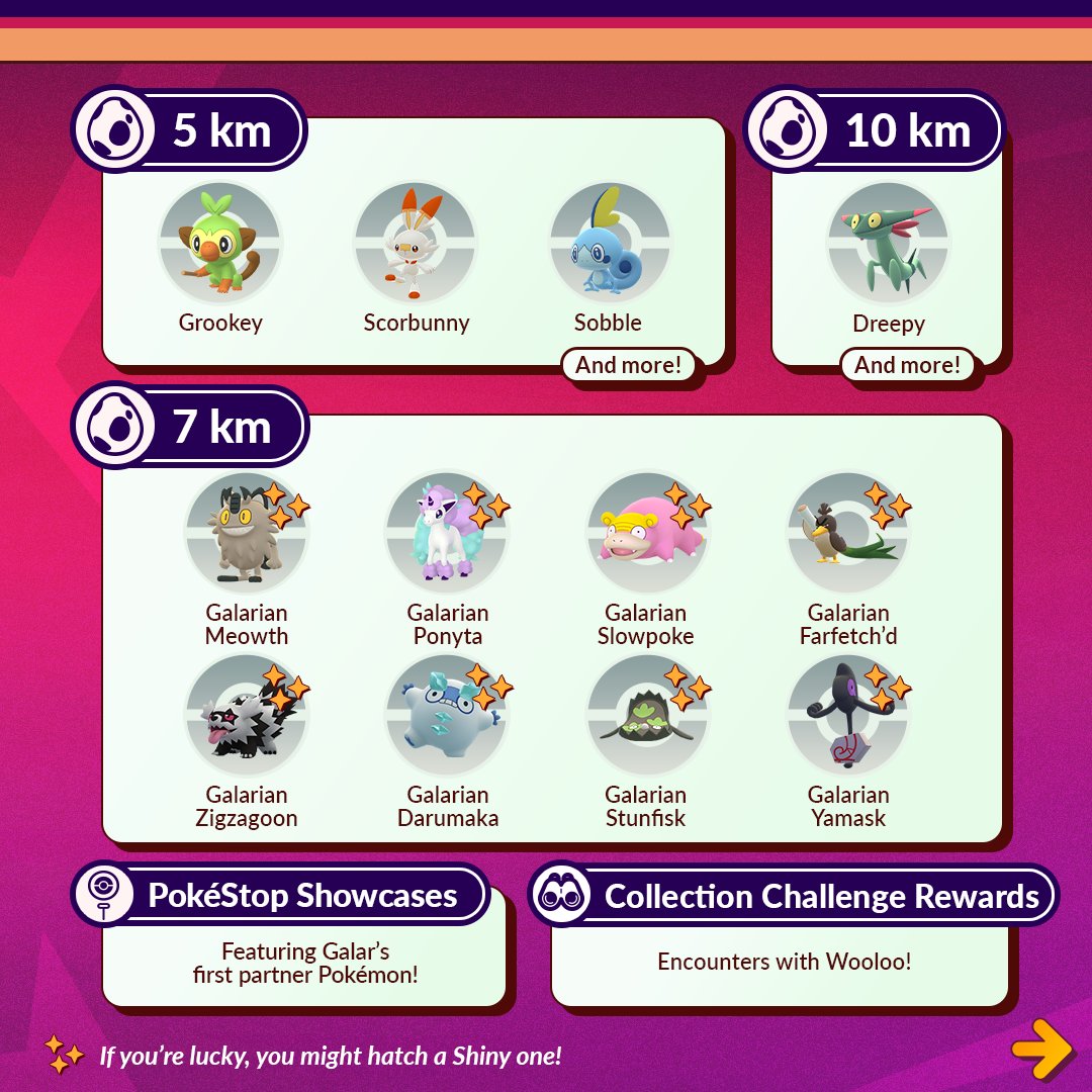 PokemonGoApp's tweet image. Leap, swing, and step into adventure during  the GO All Out event in #PokemonGO!

Pokémon first discovered in the Galar region will make their debuts alongside a Special Research story with branching paths!

September 3 at 10:00 a.m. to September 10 at 10:00 a.m. local time.…