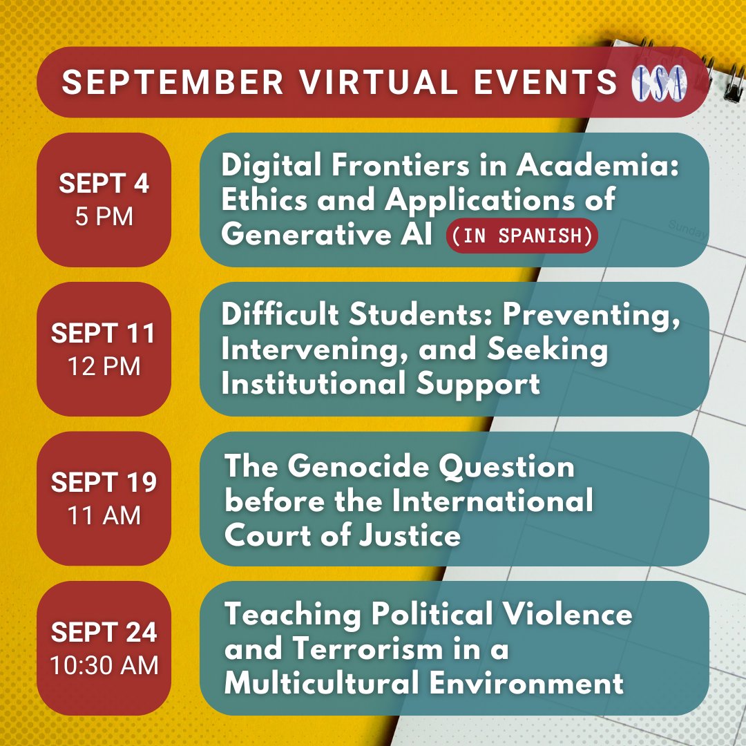 isanet's tweet image. Check out our updated lineup of #VirtualEvents happening this #September! Don’t forget to sign up for the ISA Connected mailing list—available to both members and non-members—to stay up to date with our #VirtualProgramming: ow.ly/mOVb50SWVzn