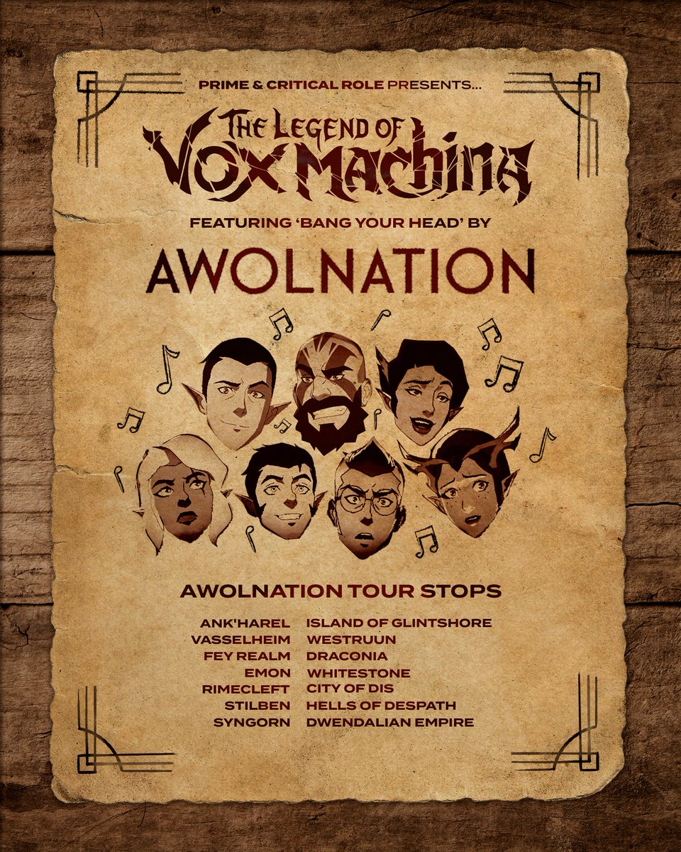 LVMandM9onPrime's tweet image. THE HOTTEST TOUR TO HIT EXANDRIA. TRAILER TOMORROW. AWOLNATION X CRITICAL ROLE X PRIME VIDEO. BE THERE.