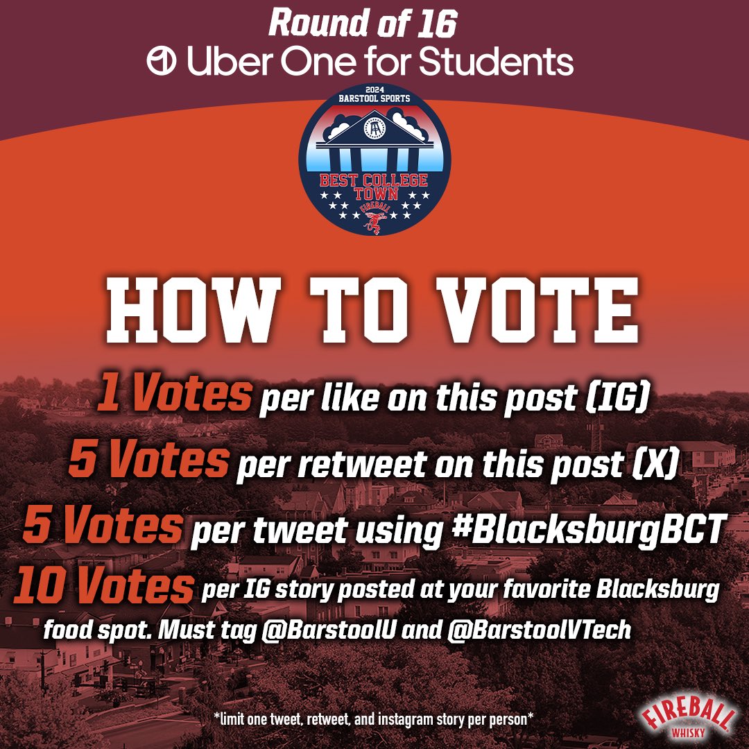 BarstoolVTech's tweet photo. 🚨Round of 16 Voting is LIVE🚨

Retweet this post to vote!

All schools with over 5000 Votes get 3 FREE Months of Uber One and we will select 10 students who will receive Uber One for the whole year!
Voting Ends 8/29 @ 11:59pmEST
Round of 16 Winner’s will be announced 1pmEST 8/30 https://t.co/IJ6k9zT5fO