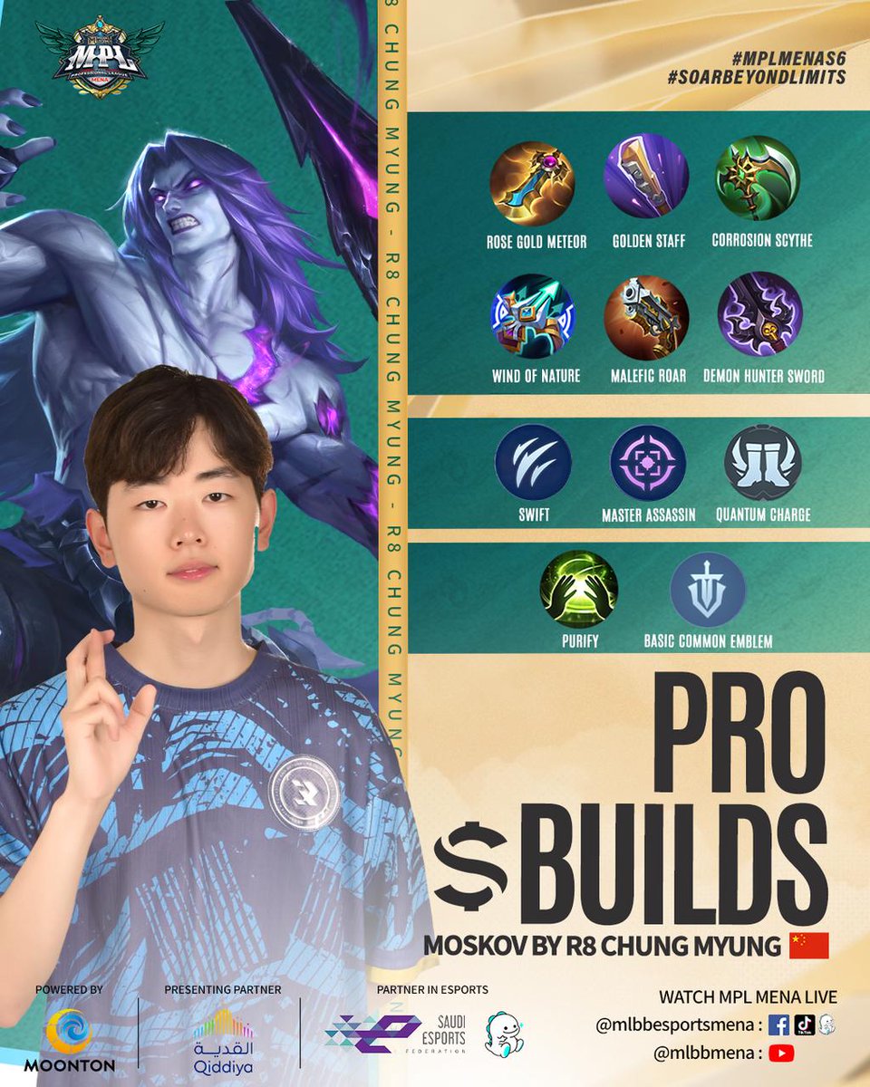 MLBB_AR's tweet photo. مع أول ظهور رائع له إلى جانب R8 Esports، أظهر لنا Chung Myung كيفية استخدام رمح Moskov🎯 بفعالية!

هل أنت مهتم ببناء المعدات الخاص به؟🗡️ إليك بناء Moskov الخاص بـ Chung Myung الذي يمكنك تجربته!

#MPLMENAS6 #SOARBEYONDLIMITS #MLBB #MLBBEsports #حلق_وراء_الحدود https://t.co/rGgnWzYCMX