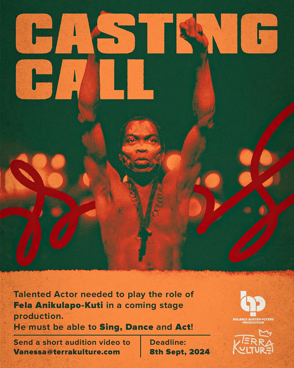 TerraKulture's tweet photo. 🎬 AUDITION CALL!

Do you have what it takes to bring the legendary Fela Anikulapo-Kuti to life on stage? If you can sing, dance, and act, we want to see what you’ve got!

Send a short audition video to vanessa@terrakulture.com 

Entries close on 8th September, 2024.

Good luck! https://t.co/a0Ec5f81t1