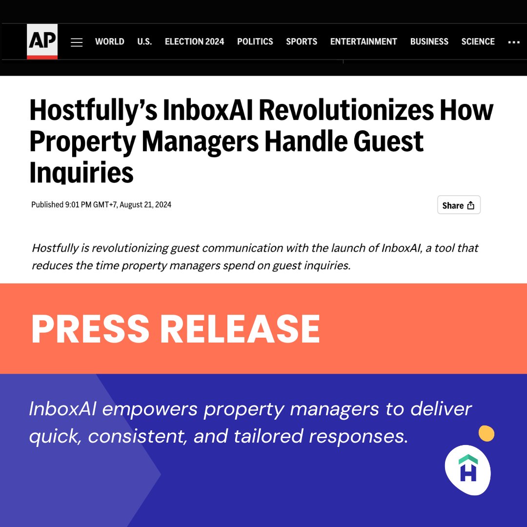 hostfully's tweet photo. 🚀 Announcing InboxAI! Read about how InboxAI, our new AI messaging tool, is transforming property management with automatic, personalized communications. Check it out: 

👉 https://t.co/7tIaivLz2J
@AP
#InboxAI #PropTech https://t.co/zJoYosTdRY