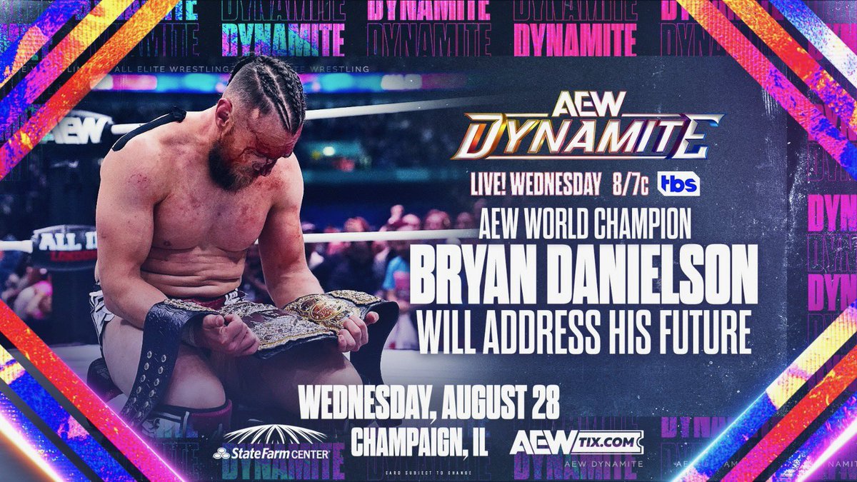 TonyKhan's tweet photo. TOMORROW
Wednesday Night #AEWDynamite
Champaign, IL
8pm ET/7pm CT on TBS

NEW @AEW World Champion @BryanDanielson will address his wrestling future after his historic win at #AEWAllInLondon live TOMORROW on TBS!

I promise you won't want to miss Wednesday Night Dynamite TOMORROW! https://t.co/UFumNxjekj