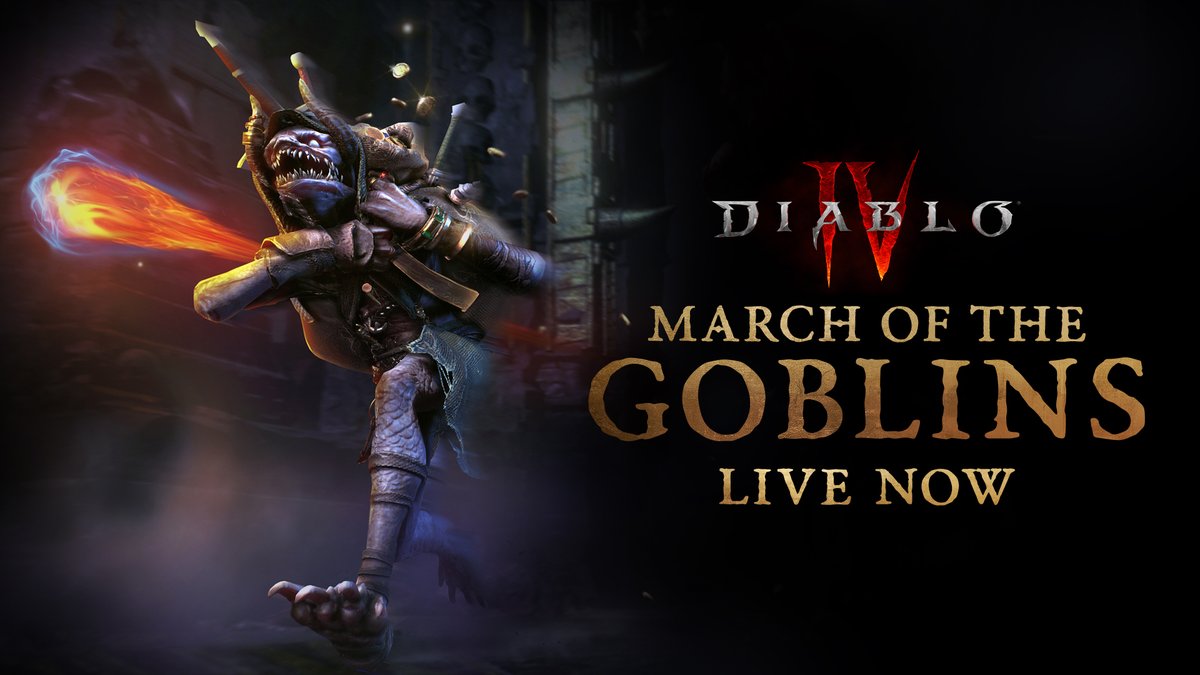 Diablo's tweet photo. Treasure Goblins are running rampant in Sanctuary. 

We nominate YOU to hunt them down 🪓😈

March of the Goblins is live now in #DiabloIV.

Details here: https://t.co/Gs7LKhSBvs https://t.co/fMWM97RTba