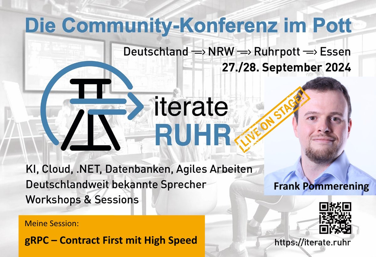 In genau einem Monat startet die neue Community-Konferenz iterate=&gt;RUHR. Ich bin Sessions zu gRPC und OpenTelemetry dabei.
Infos und Tickets gibt unter iterate.ruhr
Early Bird gilt nur noch wenige Tage.
#Dotnet #Community