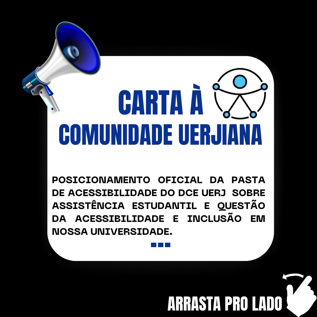 GuilhermeKarlBR's tweet image. ⚠ | CARTA À COMUNIDADE UERJIANA:

Posicionamento Oficial da Pasta de Acessibilidade do DCE UERJ sobre assistência estudantil e questão de acessibilidade e inclusão em nossa Universidade.

Assistência estudantil tem que ser completa, acessível e inclusiva!

#uerj #uerjresiste