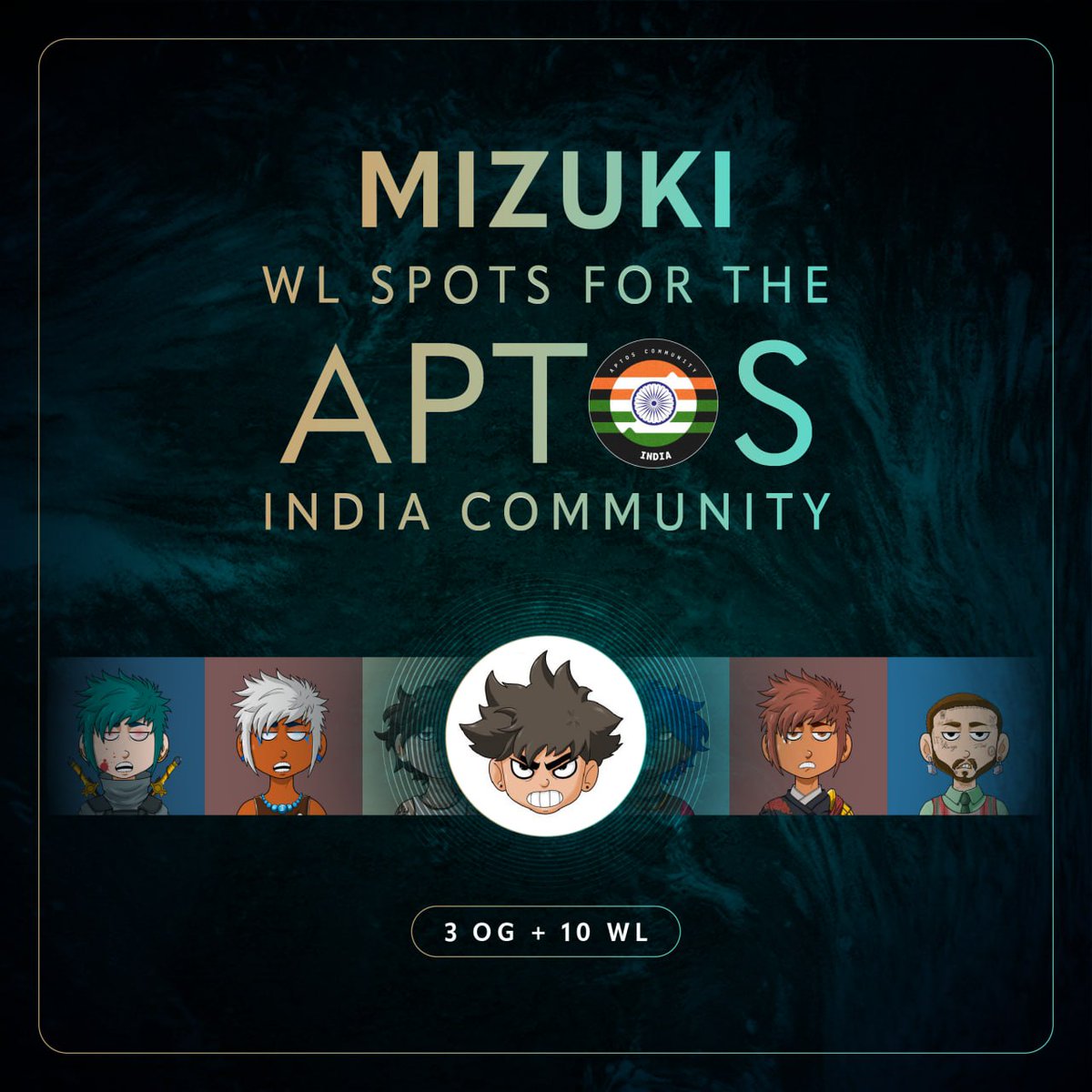 The Mizuki wl spots for the Aptos India community 

Hello everyone! It's time to participate in this 48 hour campaign to earn 3 OG and 10 WL spots for the upcoming MIZUKI NFT MINT ⛩️🌐

To participate, please complete the tasks below:
➻ Follow <a href="/MizukiNFT_/">Mizuki</a>  &amp; <a href="/aptos_ind/">MoveClubIN</a> 
➻ Like,