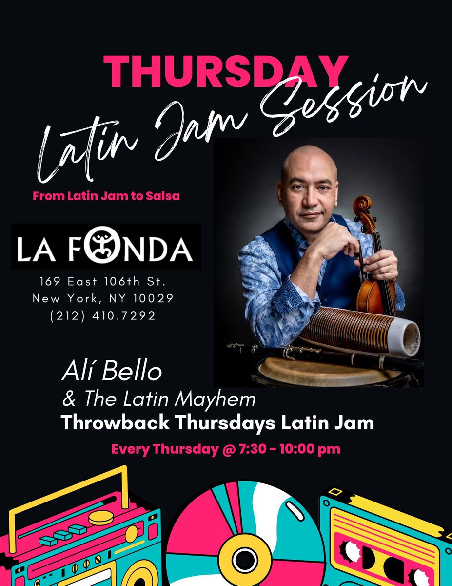 AliBelloMusic's tweet photo. Latin Jam Thursdays @
La Fonda @lafondanyc 
169 E. 106th St. NYC

Alí Bello &amp; The Latin Mayhem
Luisito Rosas - vocals  @luisrosas1113 
Coto Pincheira - keys  @cotopincheira 
Reinaldo de Jesús - perc @reinaldotumbando 
Alí Bello - violin  @alibellomusic 

Thurdays 7:30 - 10:00 pm https://t.co/7Ix6AHrO0d