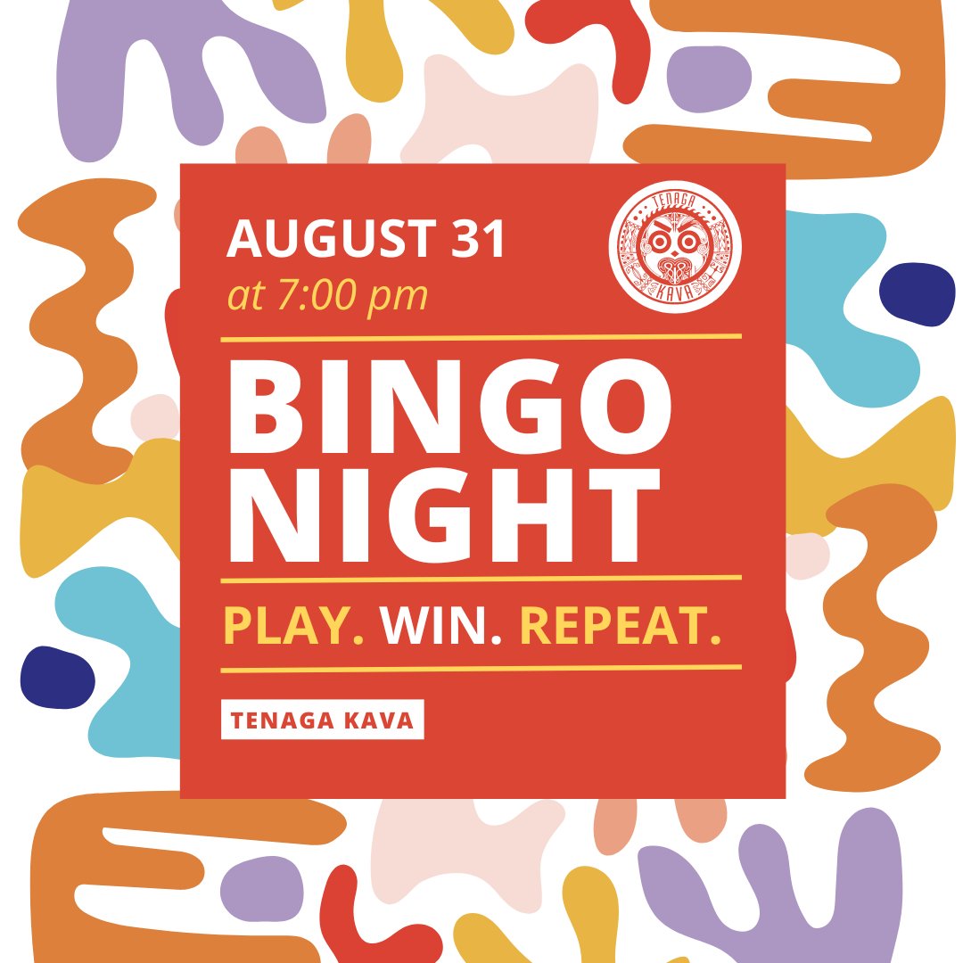 tenagakava's tweet photo. 𝓟𝓵𝓪𝔂. 𝓦𝓲𝓷. 𝓡𝓮𝓹𝓮𝓪𝓽.
That’s the name of the game at Tenaga Kava’s Bingo Night!

📅 Date: This Saturday (8/31)
⏰ Time: 7PM

Try your luck while enjoying some fresh, hand-squeezed Kava. Bula! 🥥 https://t.co/gBvmAh0bvO
