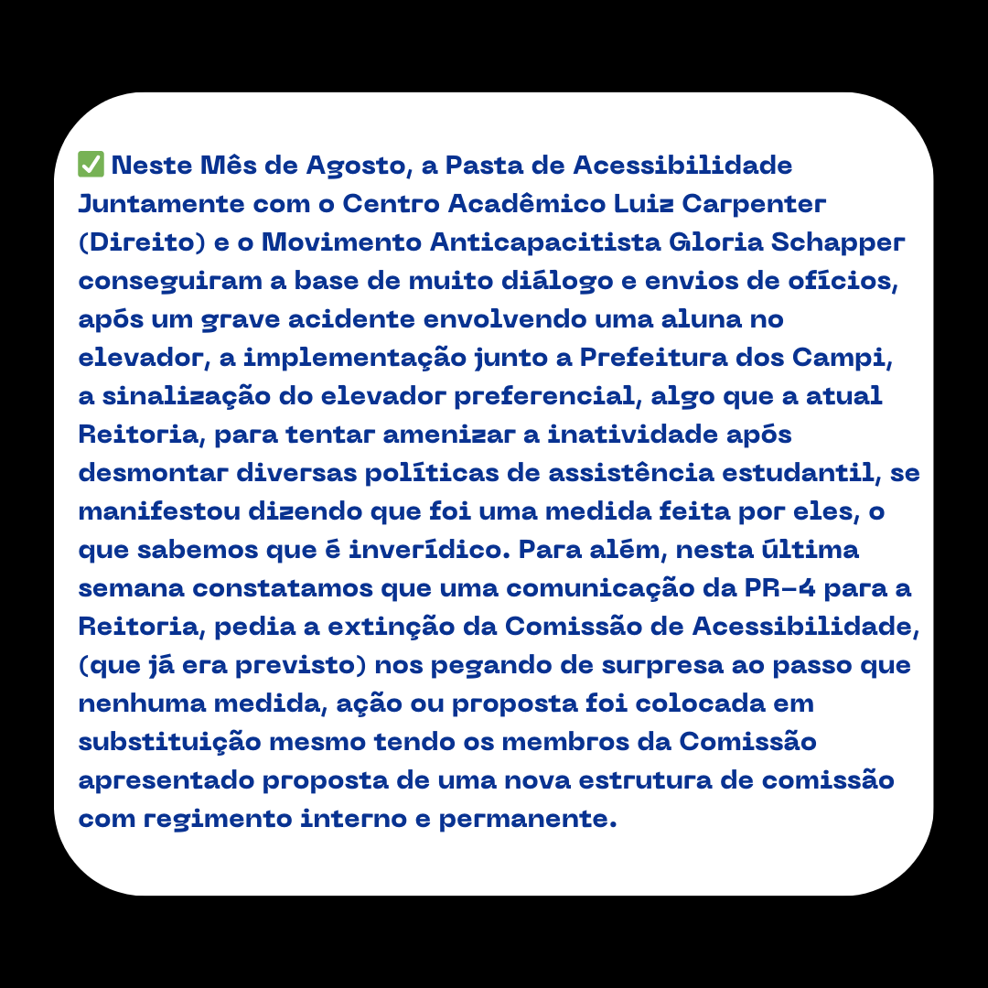 GuilhermeKarlBR's tweet image. ⚠ | CARTA À COMUNIDADE UERJIANA:

Posicionamento Oficial da Pasta de Acessibilidade do DCE UERJ sobre assistência estudantil e questão de acessibilidade e inclusão em nossa Universidade.

Assistência estudantil tem que ser completa, acessível e inclusiva!

#uerj #uerjresiste