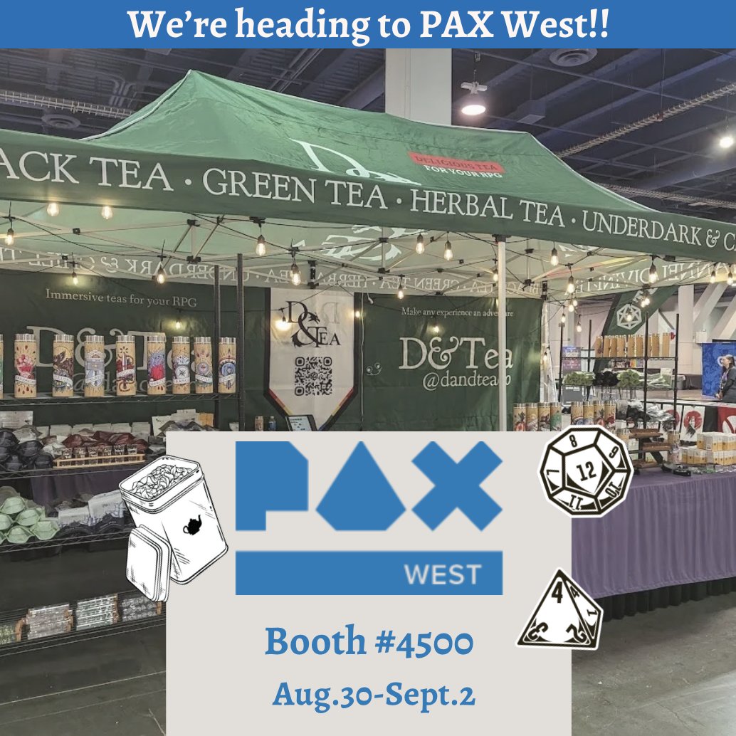 DandTeaCo's tweet photo. We're heading to #PAXWest !! Come and chat tea with us at Booth #4500.
Cheers!
#PAXWest2024 #dandtea #tea #berrytea #caffienefree #cozycup #cupoftea📷 #homebrew #homegame #teacompany #DnD #tealover #ttrpg #ttrpgtea #DM #teatime #cozytea #looseleaftea #teatime #DNtea #TeaTRPG https://t.co/H6MONMxKm1