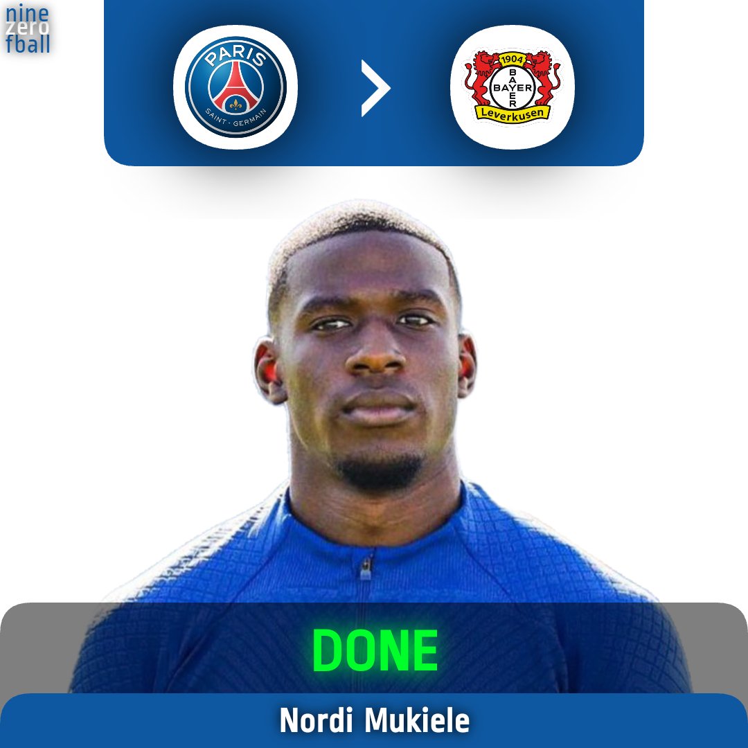 old90fball's tweet photo. ✅️🇫🇷 NORDI MUKIELE TO BAYER LEVERKUSEN

💰 Straight loan
❌️ No buy option

💵 100% salary covered by Bayer

🩺 Medical already booked

[@FabrizioRomano]
#Mukiele #B04 #PSG https://t.co/WdMU2GB6DP