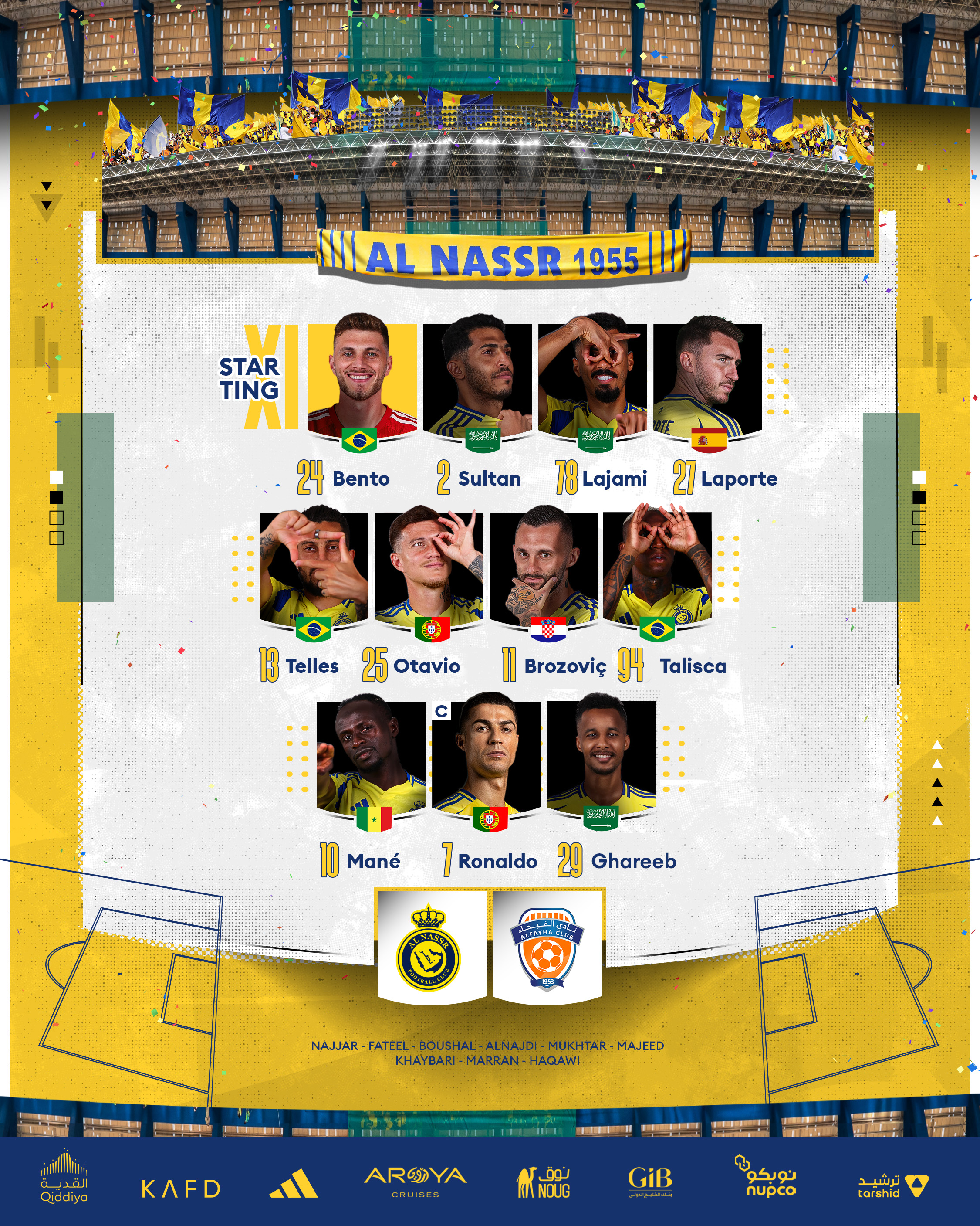 تشكيل النصر أمام الفيحاء في الدوري السعودي.. رونالدو يقود الهجوم