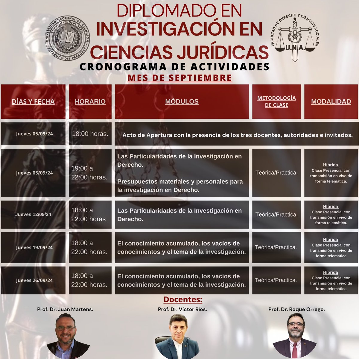 postgradoderuna's tweet photo. ¡Atención a todos los interesados en el Diplomado en Investigación en Ciencias Jurídicas! 
Presentamos el cronograma de actividades para el mes de Septiembre
Informamos que siguen abiertas las Inscripciones!
https://t.co/qjAwPryVJt
#Postgrado
#DerechoUna
#Diplomado https://t.co/MvaSNI9MGr