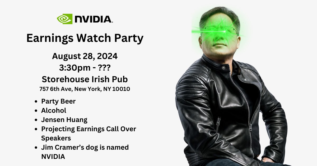It's on. $NVDA NYC Watch Party August 28, 3:30pm - ? at Storehouse.

They'll let us play the earnings call over the speakers + keep on CNBC and other financial news channels on a few TVs.

I'm pumped. This is going to be funny either way.

Drop me a line at lauren at