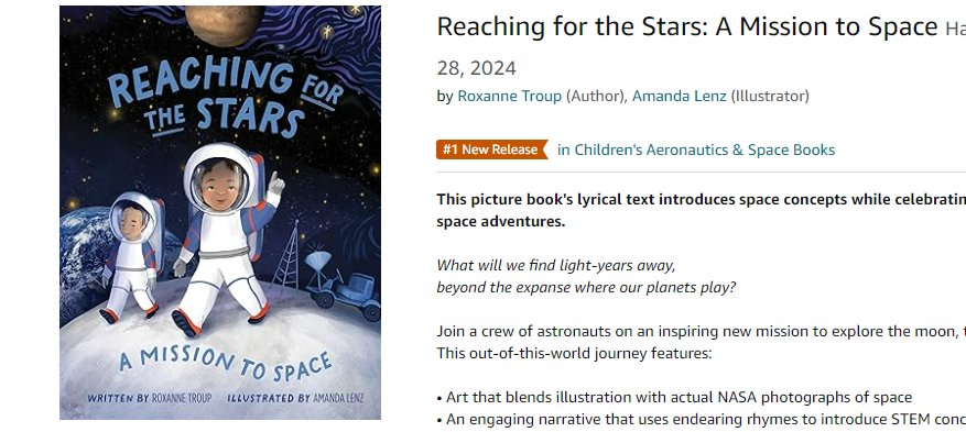 WOW! REACHING FOR THE STARS is an Amazon #1 new release! #kidlit #space #stem #picturebooks 
<a href="/amalenz/">amanda lenz</a> @schifferkids <a href="/SCBWIRockyMtn/">SCBWI Rocky Mtn</a>