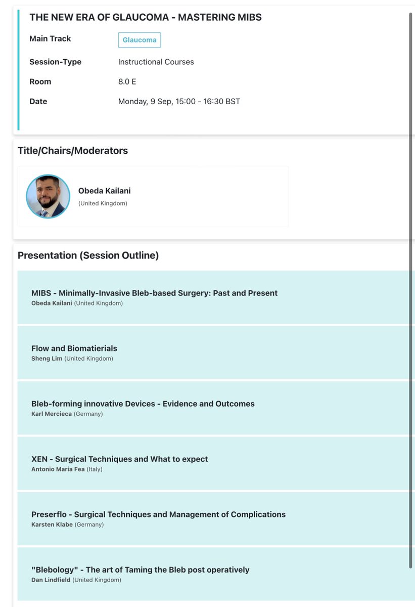 MIBS Masterclass at The European Society of Cataract and Refractive Surgeons (ESCRS)  Barcelona - we’ll be discussing modern bleb forming devices for #glaucoma
- Trab vs #xen vs #preserflo  

Obeda Kailani, Sheng Lim, Karl Mercieca , Antonio Fea , Karsten Klabe and myself