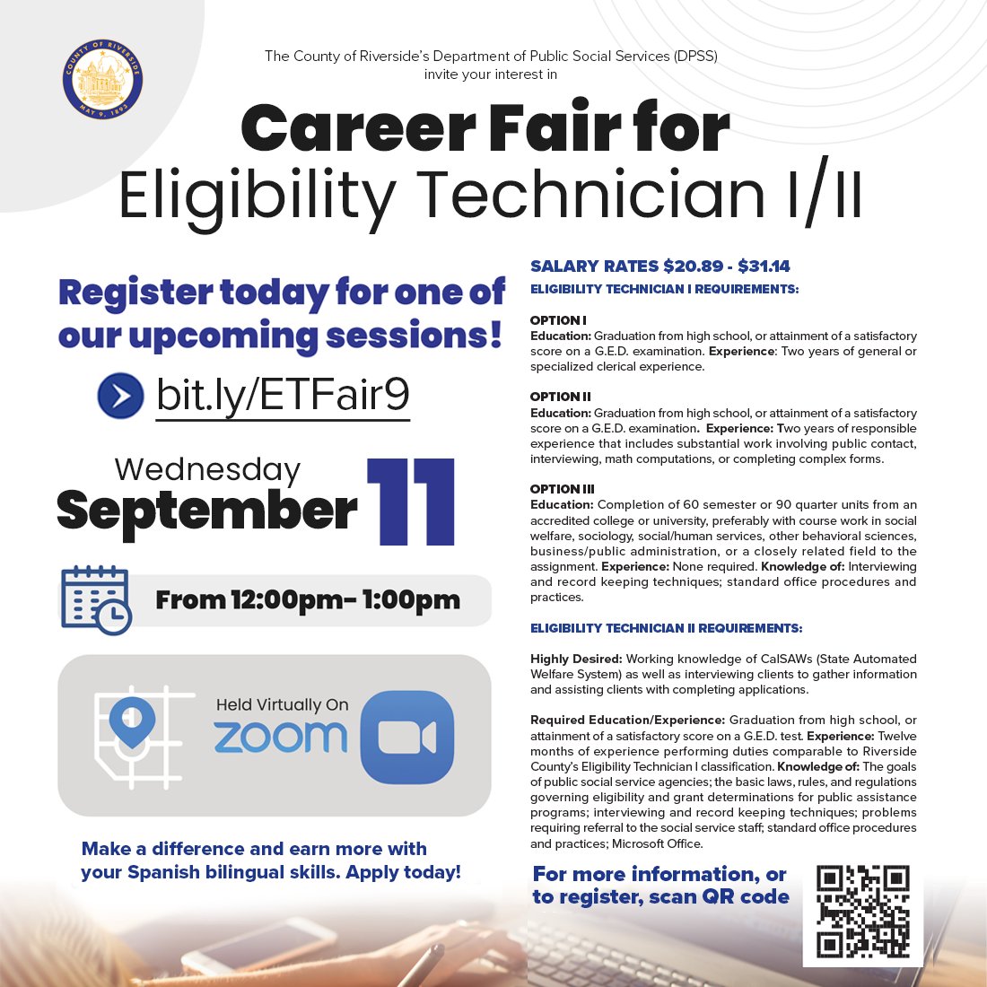 Join DPSS for a Virtual Career Fair! Discover exciting opportunities as an Eligibility Technician I/II. Scan the QR code now to register or visit bit.ly/ETFair9!