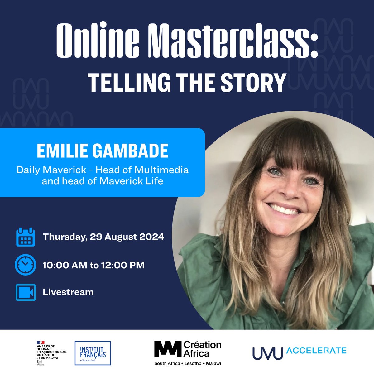 IQOQO_za's tweet image. Join us for the next exclusive Création Africa Masterclass on &apos;Telling the Story&apos; with Emilie Gambade!

🗓️ Date: 29 August at 10 AM
🗣 Topic: Telling the Story
📍 Location: Online at bit.ly/4dWzG3d

#CreativeMasterclass #CréationAfrica #Entrepreneurship