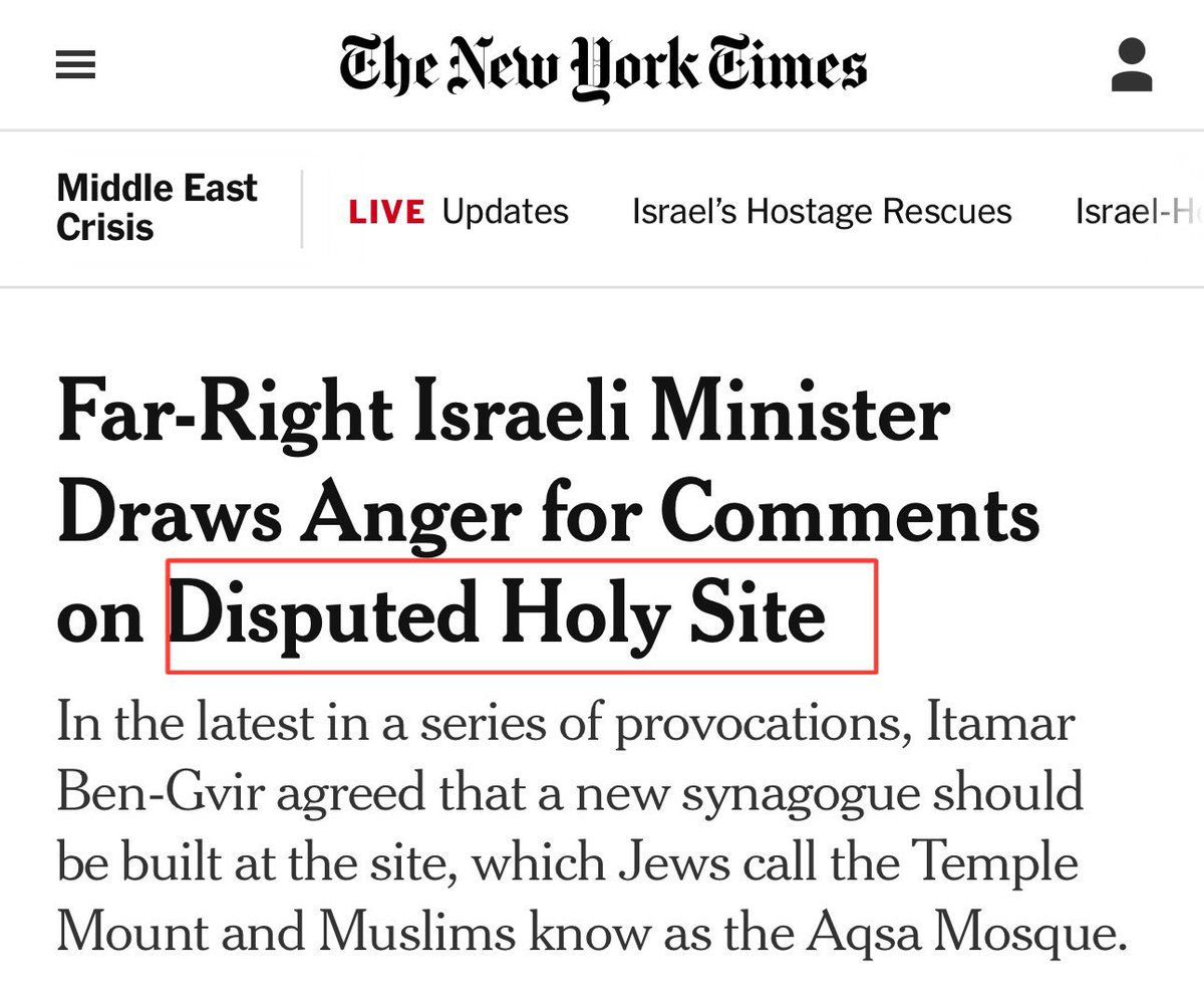 AssalRad's tweet image. Wow, NYT calls Al Aqsa Mosque in *occupied* East Jerusalem a “disputed holy site.”

The world’s highest court just said Israel’s occupation of East Jerusalem is illegal, but NYT continues to play stenographer for Israel.
