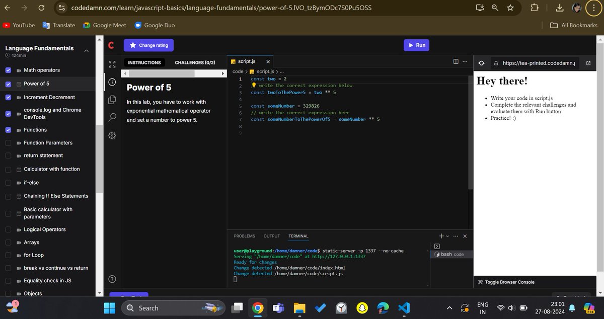 Swetaa_14's tweet image. 🚀 Day 10 of learning full-stack web development!
Today, I dug into JavaScript fundamentals, covering math operators, exponentiation, increment/decrement, `console.log` for debugging, and functions. Also continued exploring Chrome DevTools.
 #JavaScript #coding #codedamn