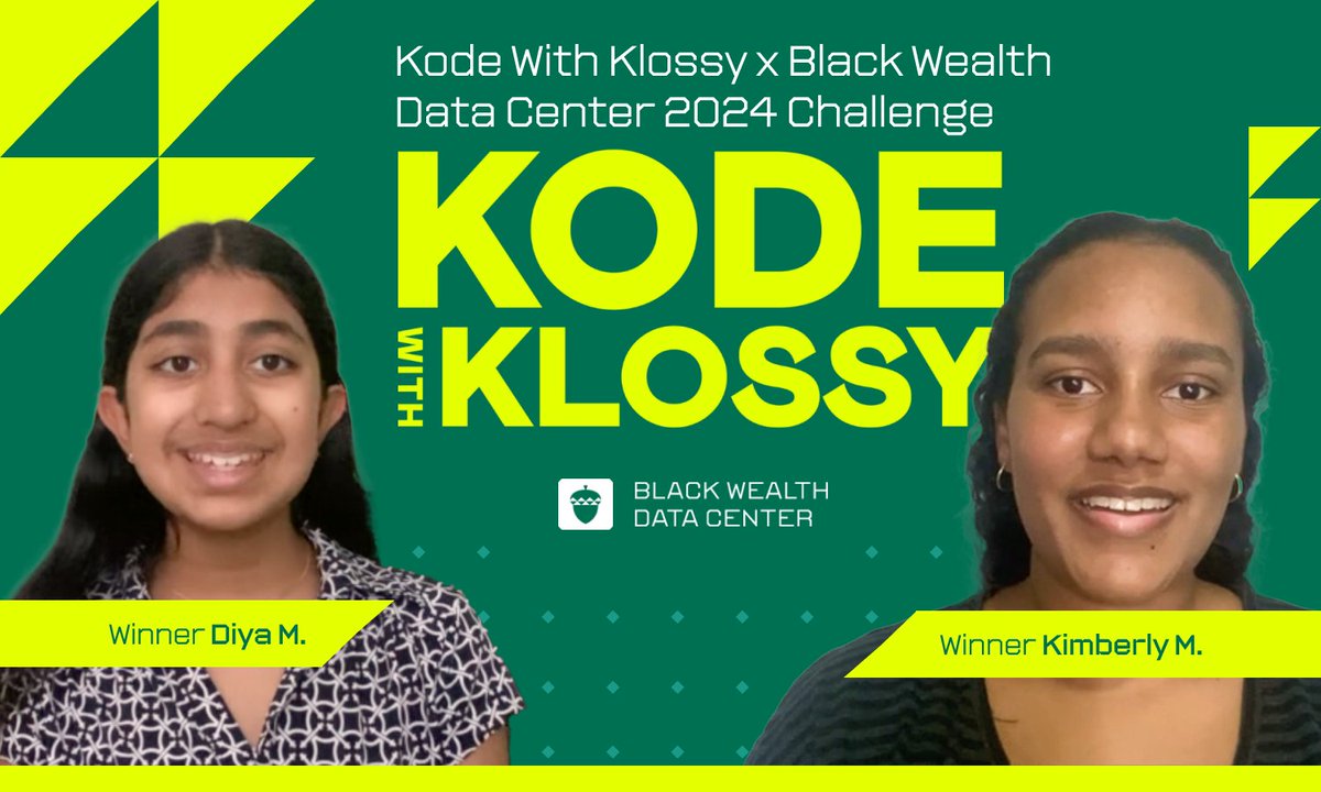 Congratulations to Diya M. and Kimberly M., winners of the @KodeWithKlossy x BWDC 2024 Virtual Challenge. Their compelling, thought-provoking projects about Black businesses in major cities reinforce how vital data is in our equity journey. Read more: blackwealthdata.org/about-us/news/…
