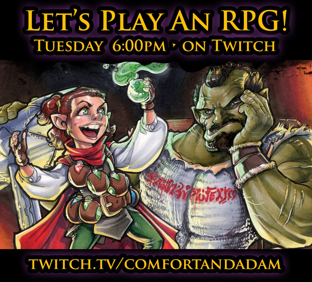 Tonight at 6pm we're doing a playtest of our 'Let's Play an RPG!' panel on our Twitch stream with <a href="/sarahscopic/">Sarah Scopic</a> and <a href="/Eskalia/">🏳️‍⚧️ Kali Scales 🏳️‍⚧️</a> ! We'd LOVE to have you come out, play, and give us feedback! 

6pm eastern: twitch .tv / comfortandadam