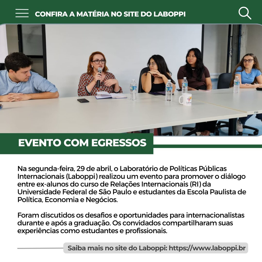 📌Já está no ar no site do Laboppi a matéria completa sobre o evento de egressos do curso de Relações Internacionais da Unifesp!
Não deixe de conferir os detalhes deste evento! Acesse o link e leia na íntegra! ➡️ laboppi.unifesp.br/notícias