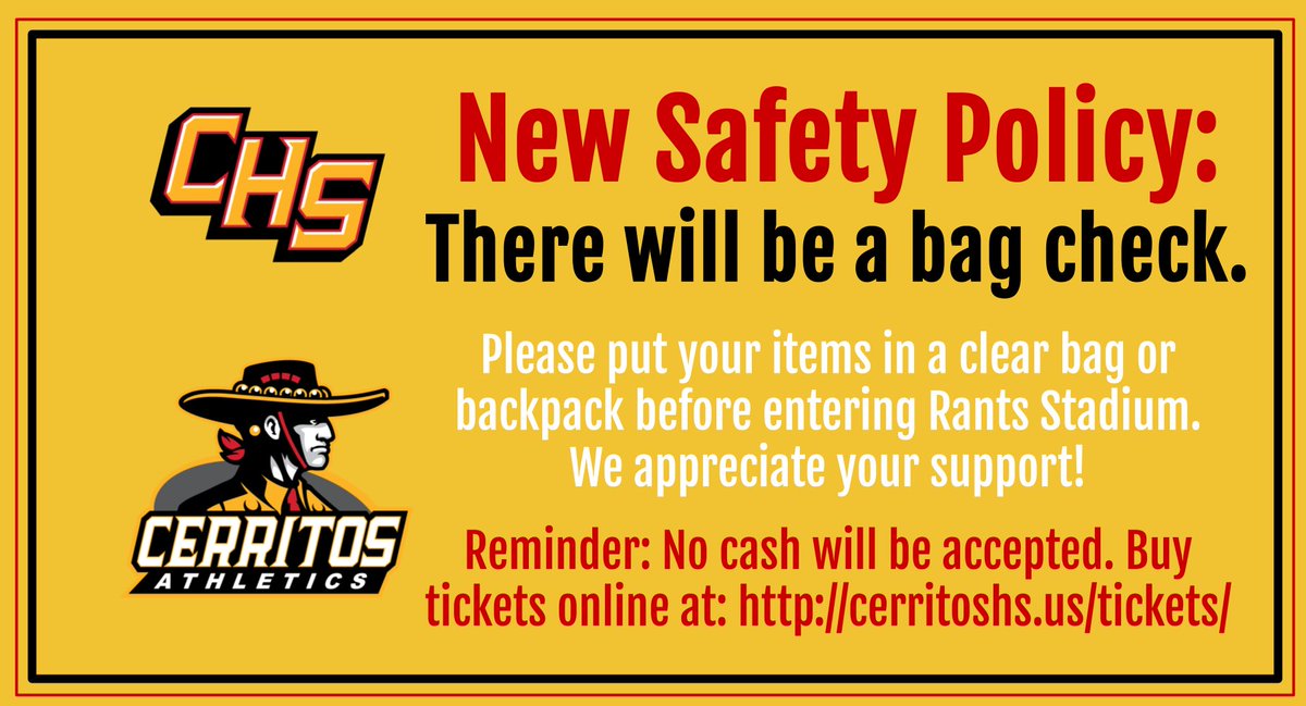 CerritosHS (@cerritoshs) on Twitter photo This is a home game for CHS & we will be seated on the home side.  For security purposes, to enter the stadium there will be a bag check station.  As with most sporting events, please carry a “clear bag” to carry personal belongings.  Backpacks are not allowed.  Arrive early! This is a home game for CHS & we will be seated on the home side.  For security purposes, to enter the stadium there will be a bag check station.  As with most sporting events, please carry a “clear bag” to carry personal belongings.  Backpacks are not allowed.  Arrive early!