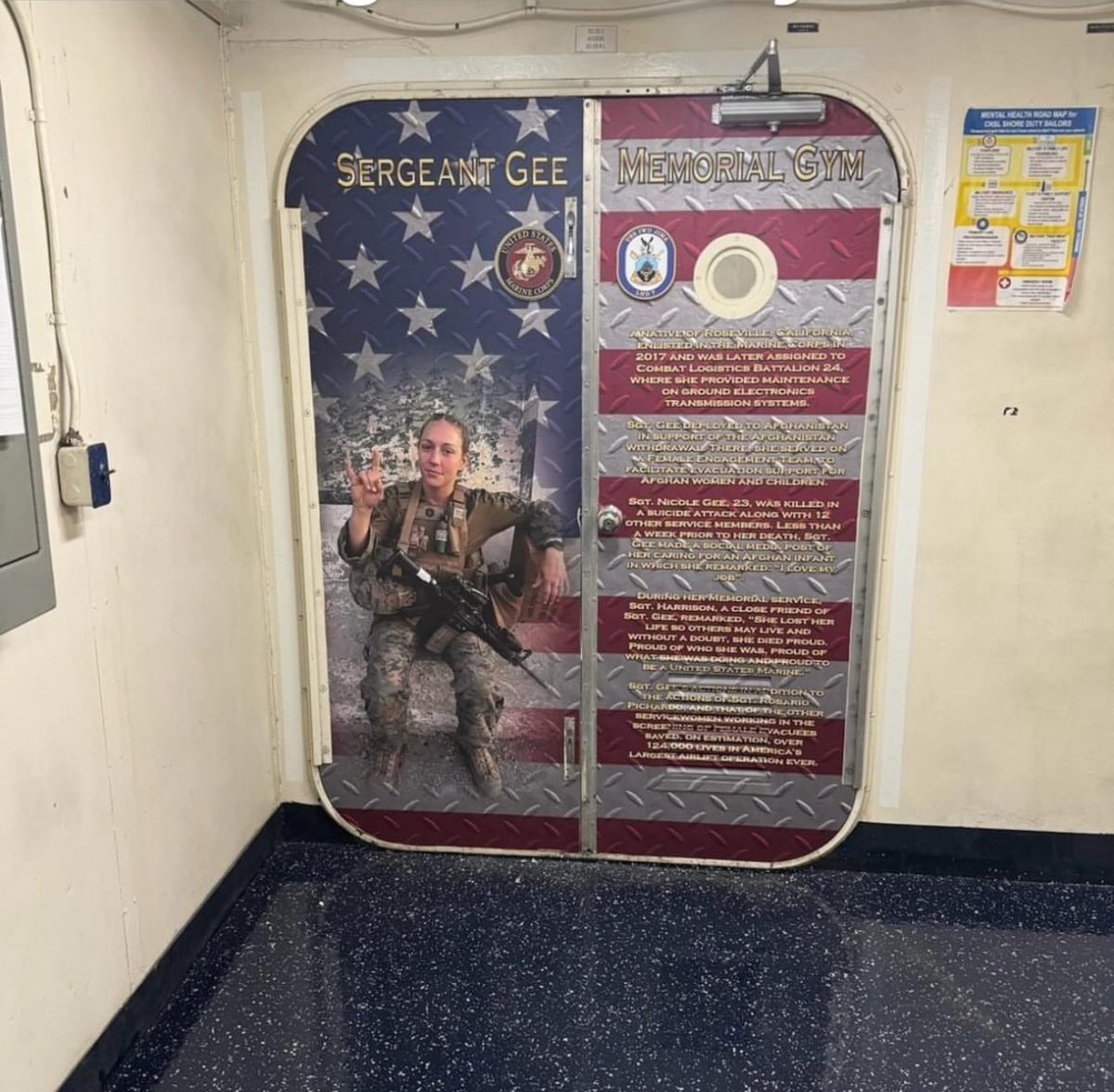 Seven years ago, I deployed with Sgt Nicole Gee on the USS Iwo Jima. 

Three years ago, she was killed during the Afghanistan withdrawal. 

Today, the USS Iwo Jima dedicated their gym to Sgt Gee ❤️