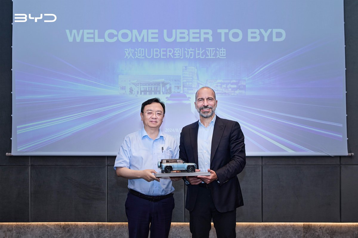 BYDCompany's tweet photo. On August 27, senior executives from @Uber visited BYD headquarters to discuss the long-term cooperation to expand access to New Energy Vehicles (NEVs) globally.

Over the next five years, the collaboration will deploy 100,000 BYD vehicles for Uber's fleets, rental partners, and drivers.