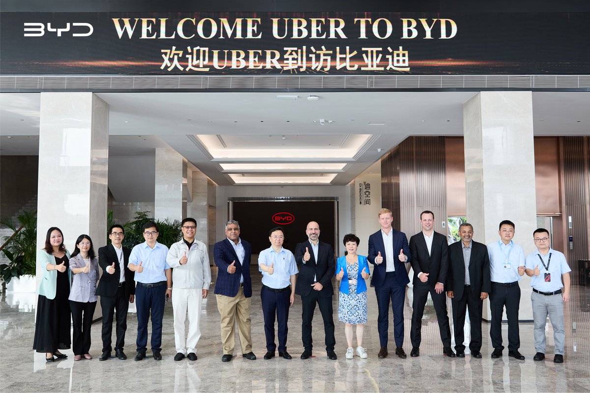 BYDCompany's tweet photo. On August 27, senior executives from @Uber visited BYD headquarters to discuss the long-term cooperation to expand access to New Energy Vehicles (NEVs) globally.

Over the next five years, the collaboration will deploy 100,000 BYD vehicles for Uber's fleets, rental partners, and drivers.
