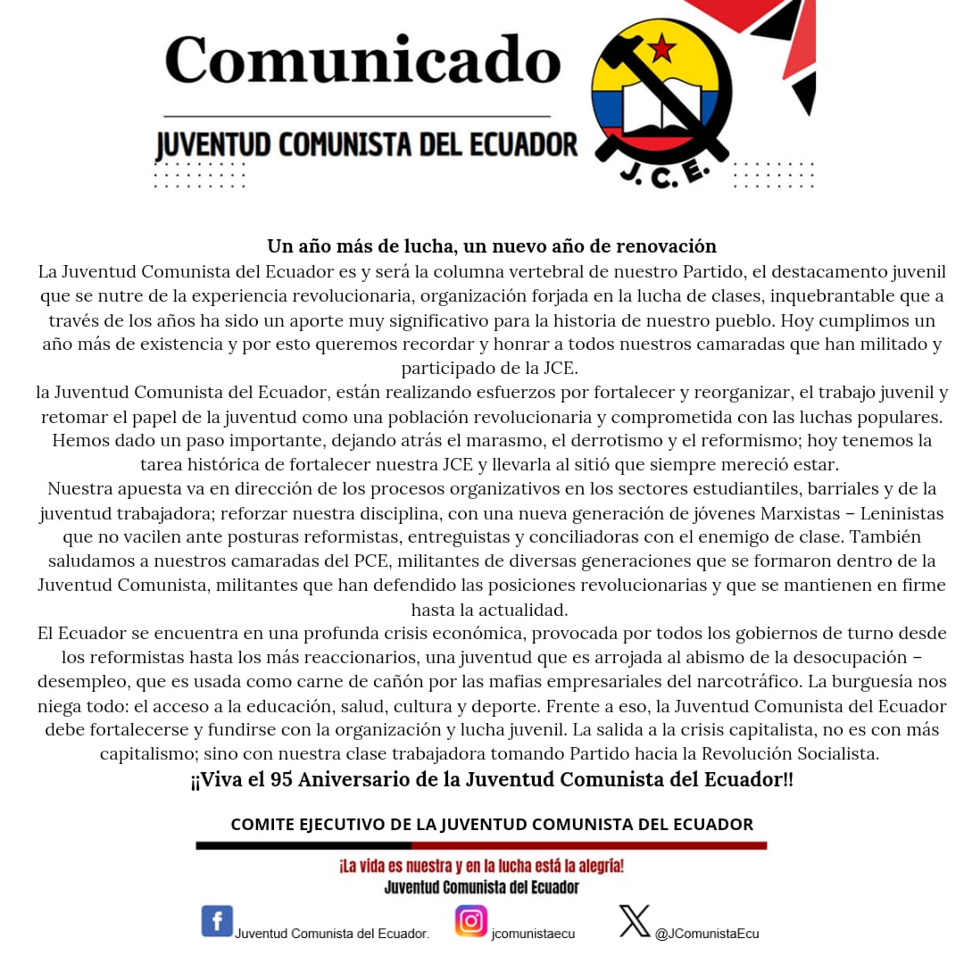 JCE_Nacional's tweet photo. Nuestra organización cumple un año más, hemos dado un paso importante, dejando atrás el marasmo, el derrotismo y el reformismo; hoy tenemos la tarea histórica de fortalecer nuestra JCE y llevarla al sitio en que siempre mereció estar. 
Seguimos soñando un mundo nuevo. https://t.co/VNHlxjLXsx
