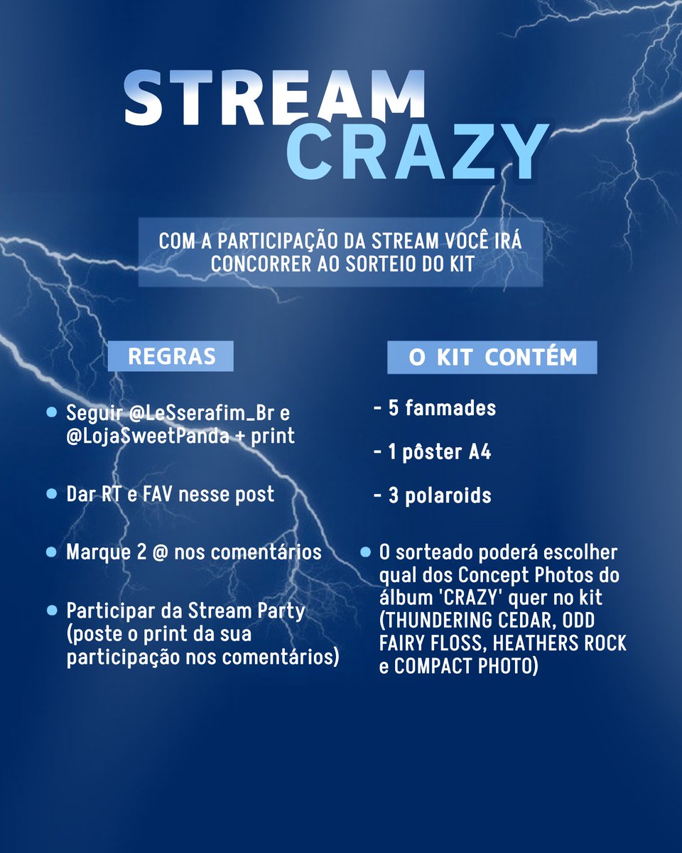 🎁 | SORTEIO⚡

Para participar do sorteio, faça o quiz para direcionar você para o seu time e iremos explicar mais sobre a stream!

✧ REGRAS:

— Seguir @LeSserafim_Br
e <a href="/LojaSweetPanda/">Sweet Panda</a>
— Dar FAV e RT neste post
— Marque 2 @ nos comentários
 
📌O sorteio será 03/09! Boa sorte!🍀