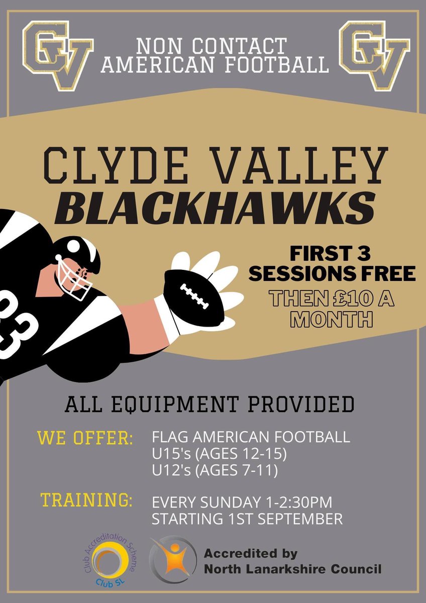 ASC - Joanne Cuthbertson (@nlasc_joanne) on Twitter photo NEW OPPORTUNITY | 🏈
A fantastic opportunity to try a new sport!
Flag football with <a href="/CVBlackhawks/">Clyde Valley Blackhawks</a> at Beltane Park, see dates and times ⬇️
For more info contact cvblackhawks@outlook.com
<a href="/stthomasprimary/">@stthomasprimary</a> <a href="/St_Aidans_PS/">St Aidan's PS Wishaw</a> <a href="/StIgnatiusPS1/">St Ignatius’ PS</a> <a href="/ShottsStPats/">St. Patrick's Shotts</a> <a href="/nlcstbrigid/">NLC St. Brigid’s Primary</a> <a href="/StAidansHigh/">St Aidan's High</a> NEW OPPORTUNITY | 🏈
A fantastic opportunity to try a new sport!
Flag football with <a href="/CVBlackhawks/">Clyde Valley Blackhawks</a> at Beltane Park, see dates and times ⬇️
For more info contact cvblackhawks@outlook.com
<a href="/stthomasprimary/">@stthomasprimary</a> <a href="/St_Aidans_PS/">St Aidan's PS Wishaw</a> <a href="/StIgnatiusPS1/">St Ignatius’ PS</a> <a href="/ShottsStPats/">St. Patrick's Shotts</a> <a href="/nlcstbrigid/">NLC St. Brigid’s Primary</a> <a href="/StAidansHigh/">St Aidan's High</a>