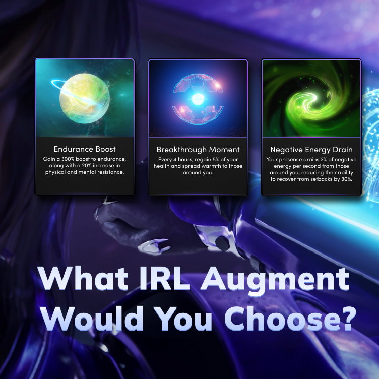 illuviumio's tweet photo. What IRL Augment would you choose? 🧐 
Imagine enhancing your real-life capabilities with an Illuvium Augment! Which one would you choose to conquer your day?
• Endurance Boost
• Breakthrough Moment
• Negative Energy Drain 
Drop your choice in the comments! 👇 https://t.co/tTVsvpLkif