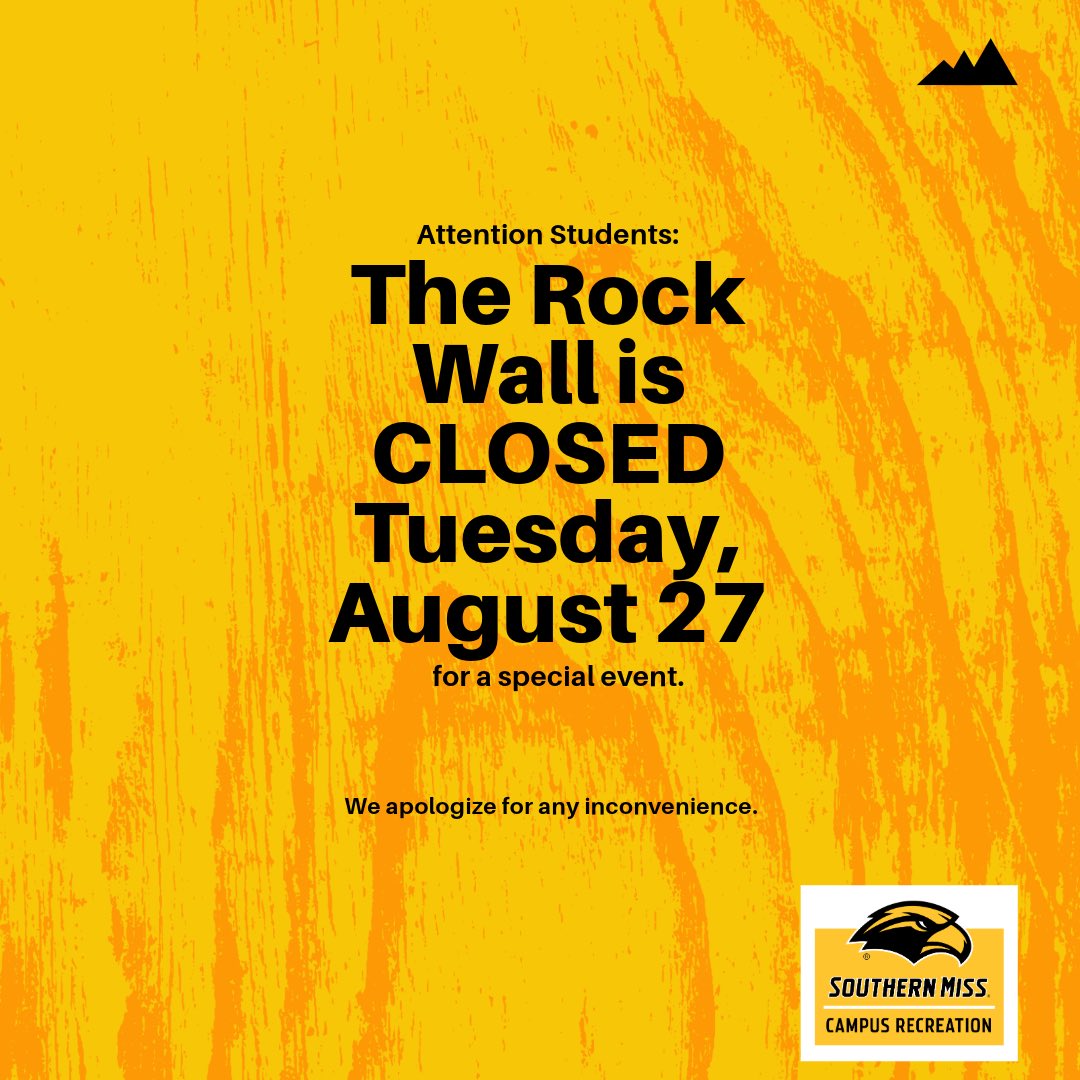 Attention Students: The Rock Wall will be CLOSED Tuesday, August 27 for a special event. We apologize for the inconvenience and hope you will join us at one of our other fitness and recreation programs happening this evening. #USMRecLife