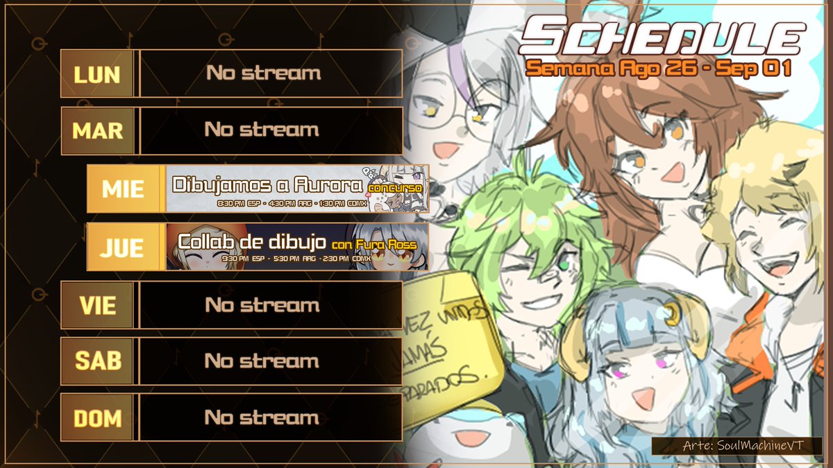 Light_Key_'s tweet photo. 🔑HORARIOS DE STREAM🔑
✨Semana Agosto 26 - Septiembre 01✨
Directos en: https://t.co/OzBpceuwrL
Mis redes: https://t.co/4g8M8LeLTy
✰General: #LightKey
✰Arte: #LightKiArt
✰Memes: #MomazosLight
✰Clips: #LightKiClips
✰Oshi Mark: ✨🔑
Semana de Streams de dibujo✏️ https://t.co/Nja8fiJ0J1