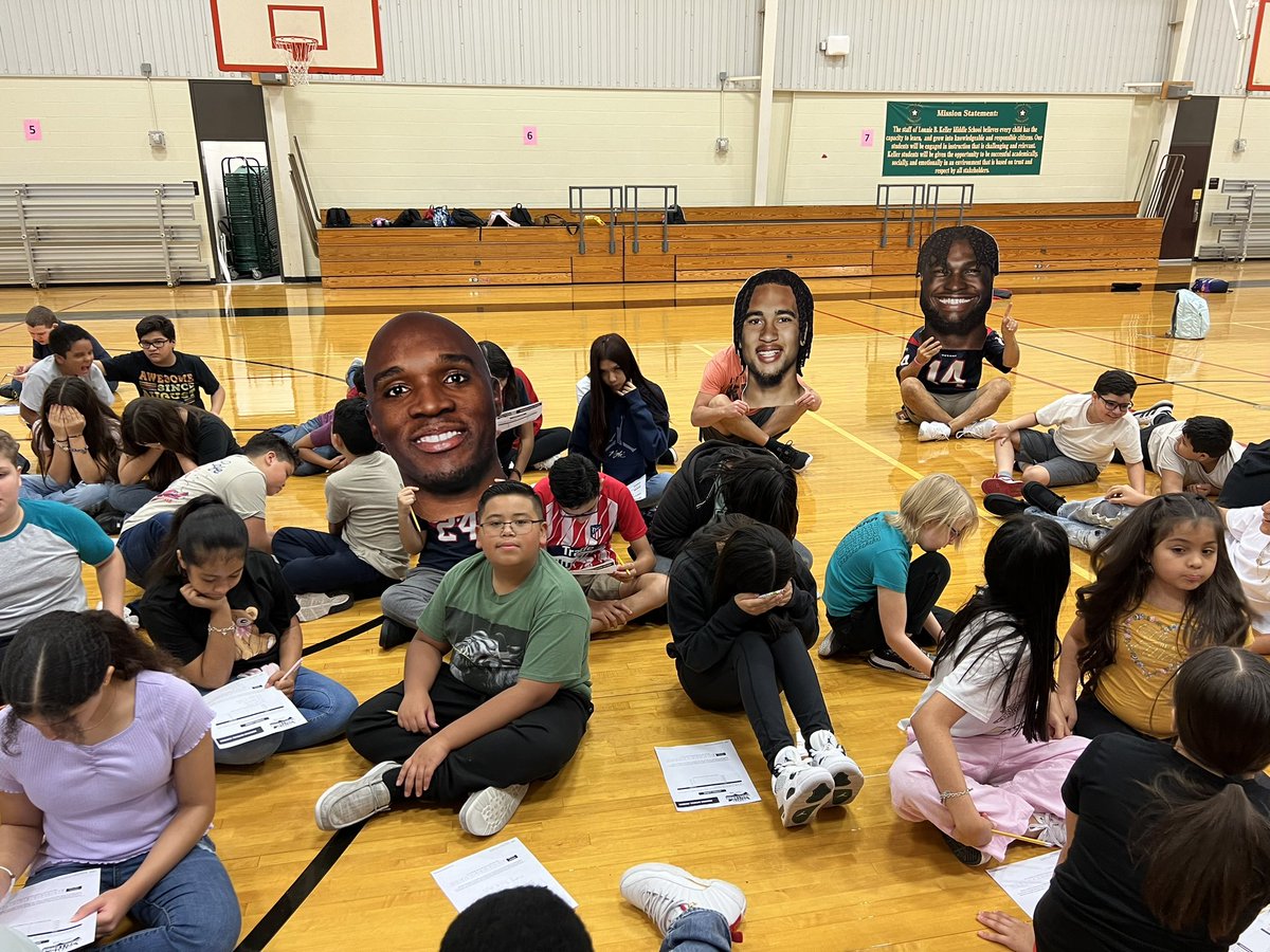 msmoodykms's tweet photo. Texans Tuesday at @lbkellerms to kick off the @HoustonTexans #TexansStatsChallenge for 2024. Thanks to @CJ7STROUD, @will_anderson28, and Coach @DRyans59 for joining us for lesson one on Rational Numbers! We love our Texans and learning about math in football! #rangersleadtheway https://t.co/ib0SJKPTAA
