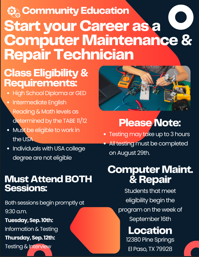 jzamora_PHHS's tweet photo. Upcoming programs SISD Community Education for Adults has to offer.  Please direct any questions to Community Education, 915-937-1700 or comunityed@sisd.net https://t.co/7uofOdOYG2