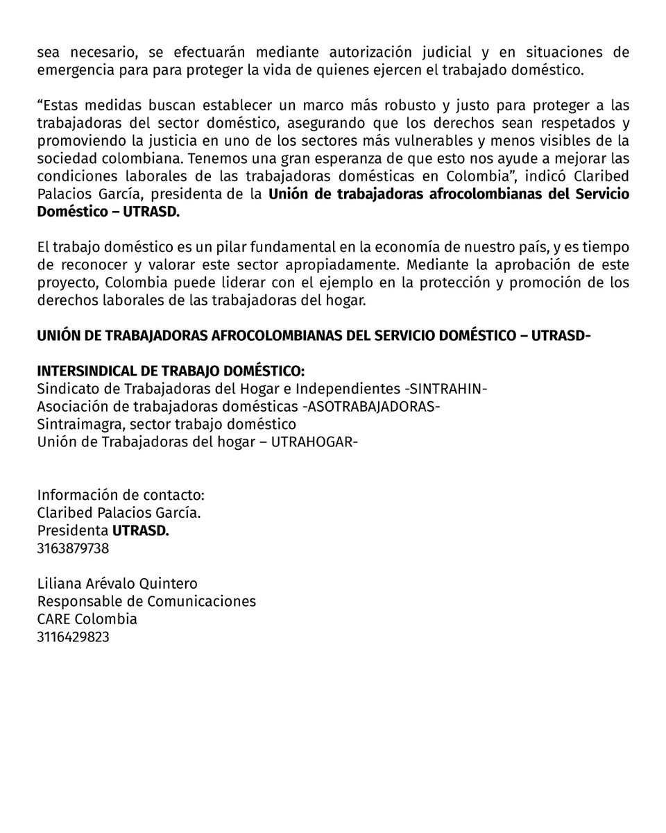 ¡Hoy es un día crucial para las trabajadoras domésticas en Colombia!
Se llevará a cabo el segundo debate del Proyecto de Ley de inspección laboral en el sector doméstico.
Esta iniciativa busca proteger los derechos de más de 700.000 trabajadoras del hogar.